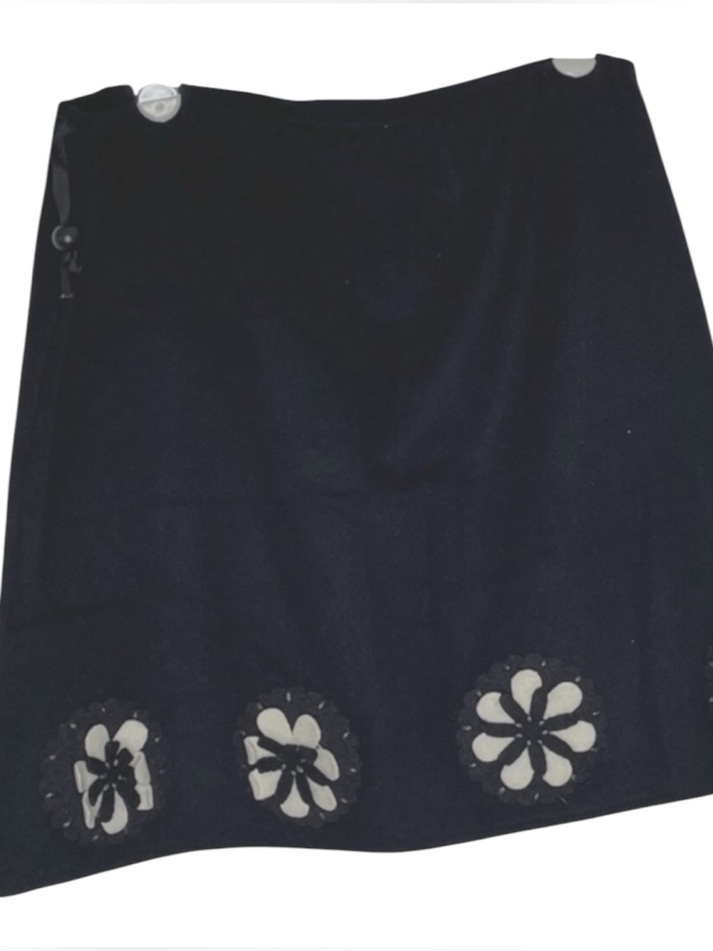 Whimsy Black Wool A-Line Skirt Floral Applique Small Draw String Waist Retro USA